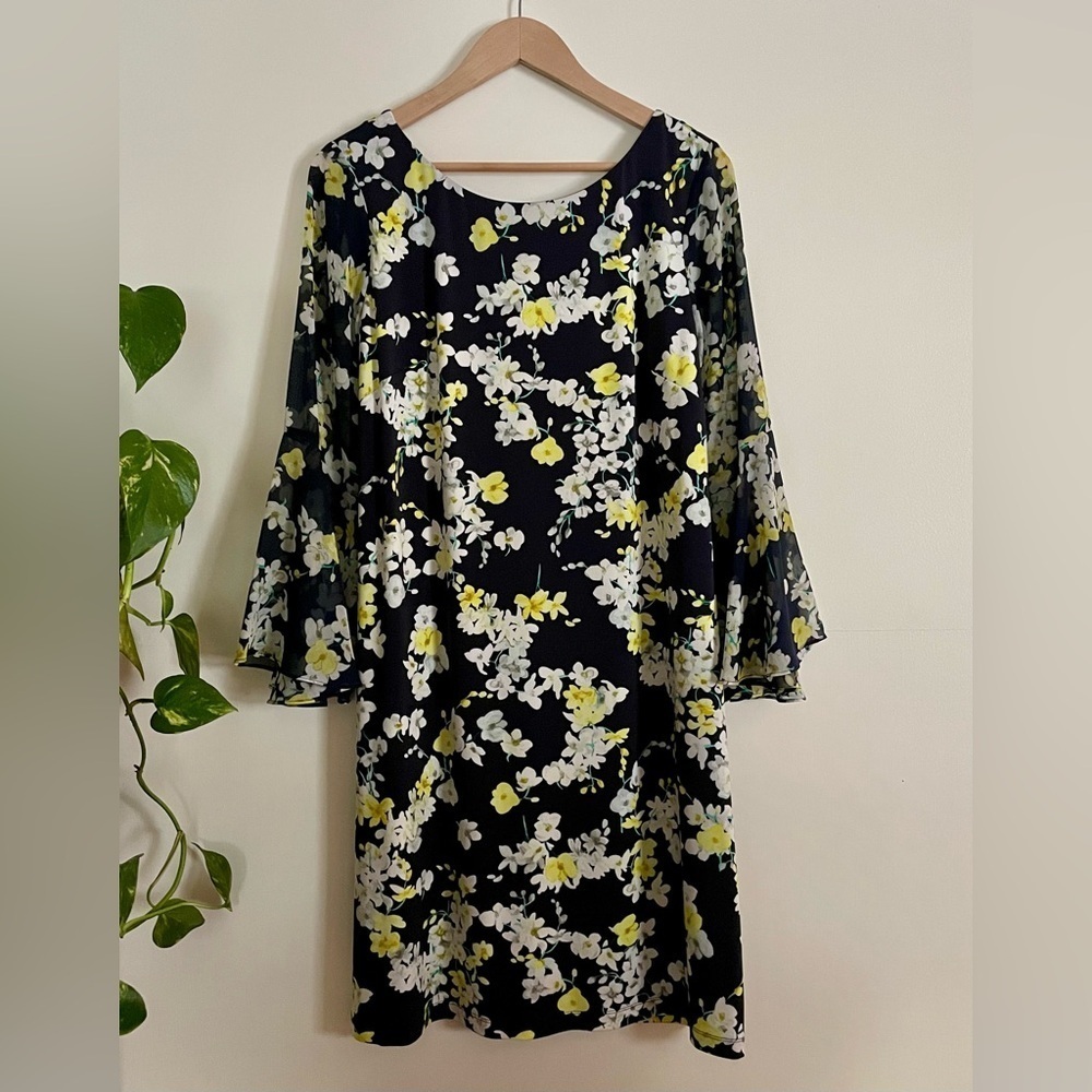 Jessica Howard Yellow & White Floral Shift Dress w/ Sheer Bell Sleeves Size 14